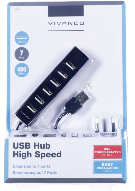 IT-USBHUB7PWR, USB 2.0-hub, 7 porter, inkl. strømforsyning